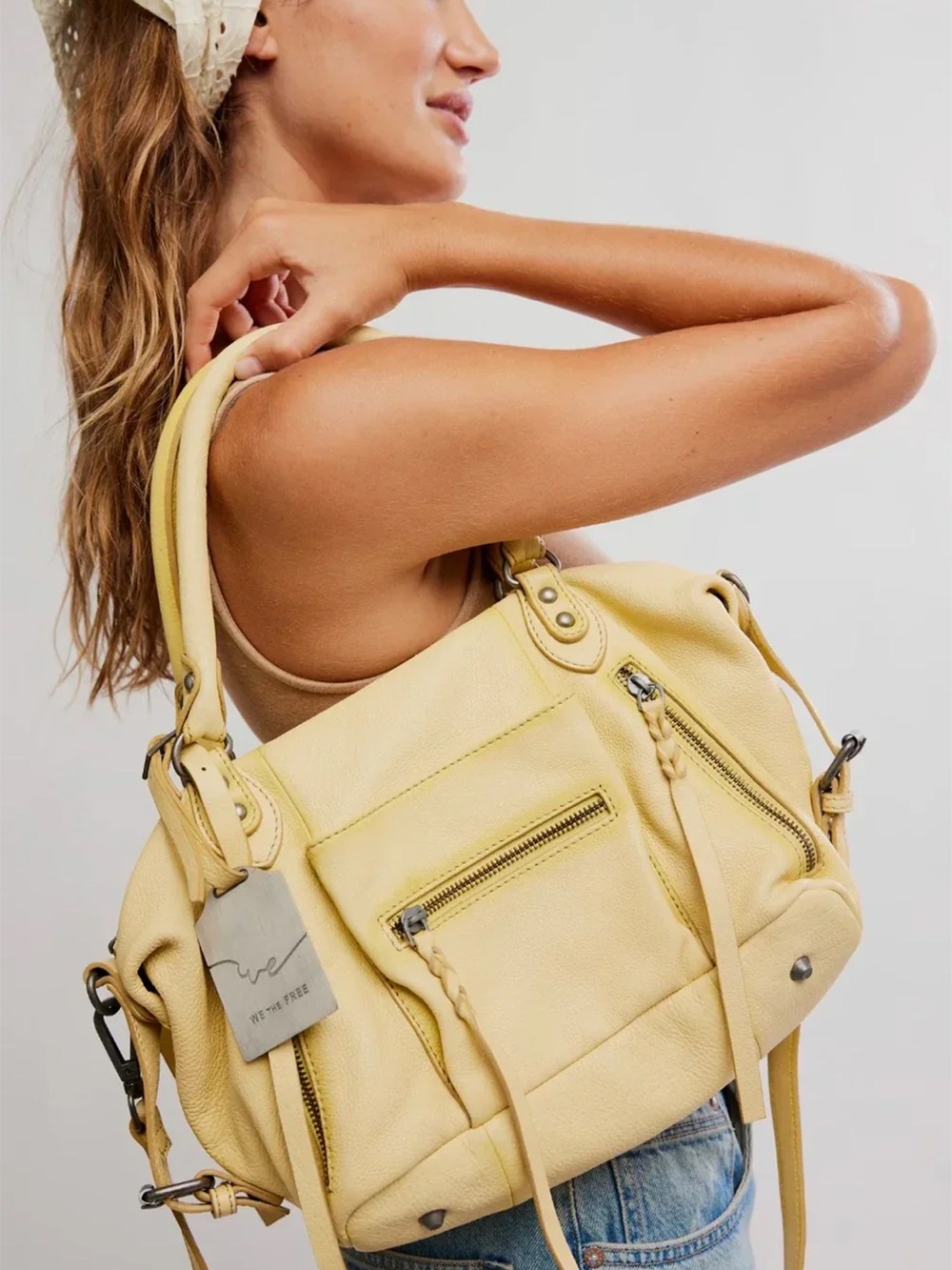 FREE PEOPLE WE THE FREE BABY EMERSON LEATHER TOTE BAG BUTTER YELLOW NWT | RARE - Picture 2 of 4
